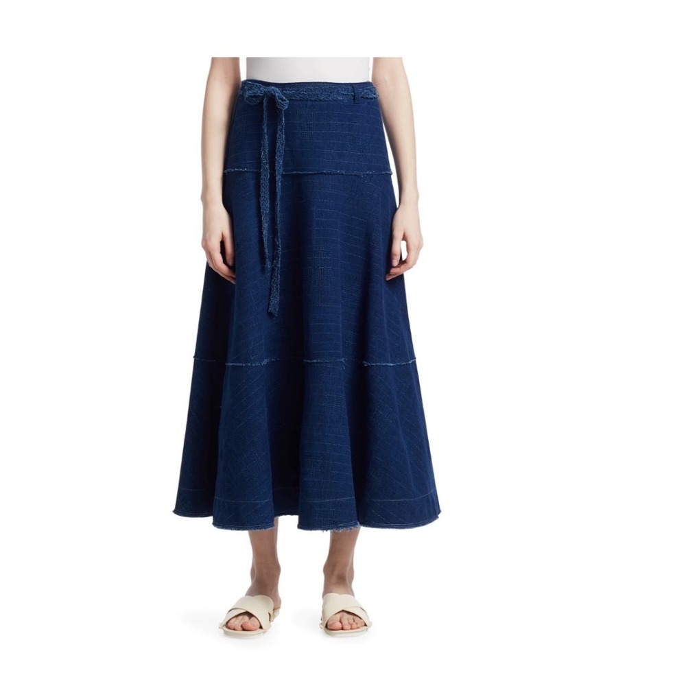 Elizabeth and James Leila Seamed Cotton Midi Skirt Womens 6 Blue Denim‎ Raw Edge